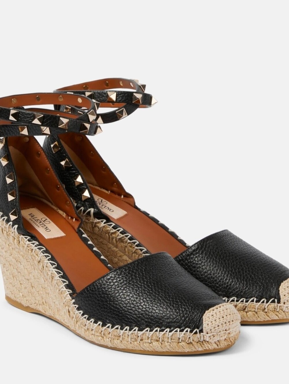 Valentino Garavani Rockstud Double Leather Wedge Espadrilles